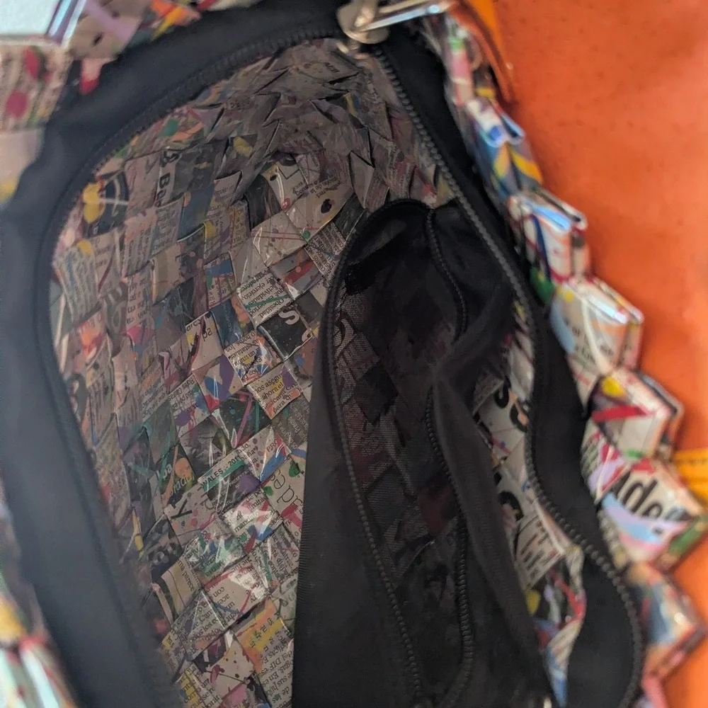 Nohra Ollie Woven Newspaper Print Leather Trim‎ Shoulder Bag Orange
